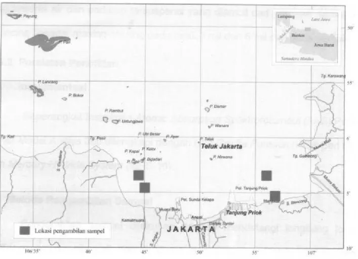 Gambar 1.   Peta lokasi pengambilan contoh di Kamal Muara dan Cilincing, Teluk Jakarta