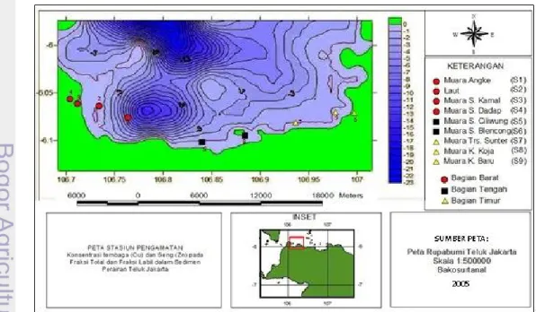 Gambar 1.  Peta lokasi penelitian dan titik pengambilan contoh sedimen di wilayah  pesisir  Teluk Jakarta 