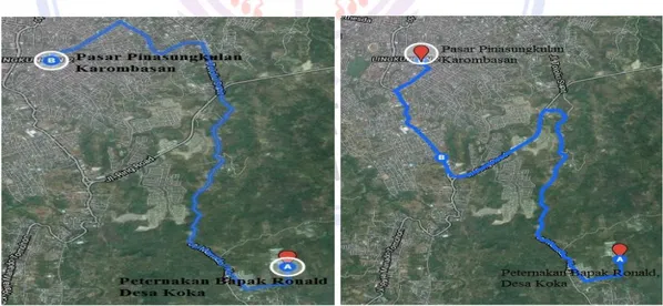 Gambar 1. Peta Jalur Transportasi Pertama dan Kedua Telur Ayam Ras dari Desa Koka                     ke Pasar Pinasungkulan Karombasan 