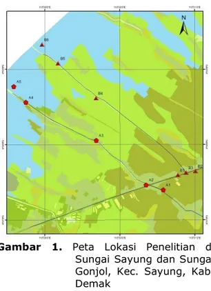 Gambar  1.  Peta  Lokasi  Penelitian  di  Sungai Sayung dan Sungai  Gonjol,  Kec.  Sayung,  Kab