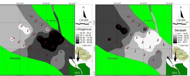 Gambar  3. Sebaran sedimen  Lithogenous  dan  Biogenous  (Serasah) pada sedimen  pemukaan  dasar