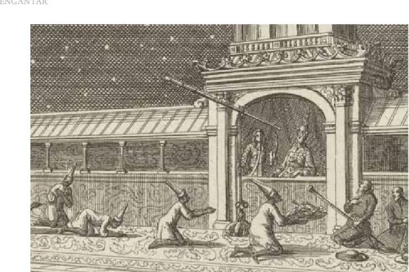 Gambar 2. Raja Siam (Thailand) mengamati bulan di istananya, Jan Luyken,  Gambar etsa oleh Aart Dircksz Oossaan, 1687.