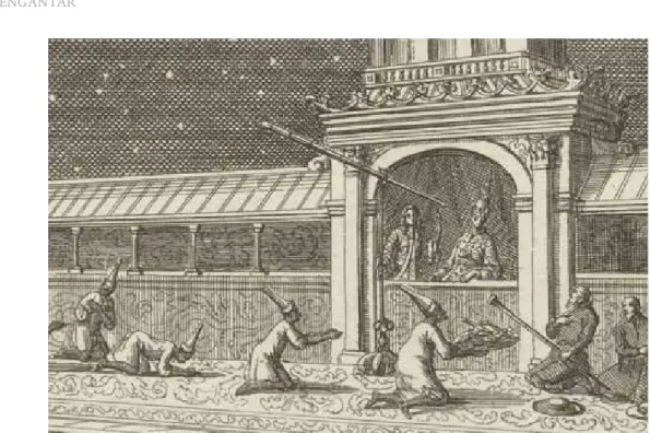Gambar 2. Raja Siam (Thailand) mengamati bulan di istananya, Jan Luyken,  Gambar etsa oleh Aart Dircksz Oossaan, 1687.