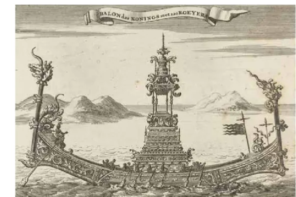 Gambar 1. Perahu kerajaan Siam dengan 120 orang pendayung.  Jan Luyken, Aart Dircksz Oossaan, 1687