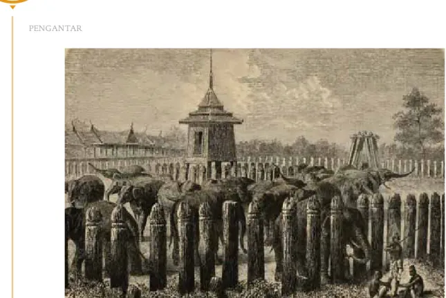 Illustration 2. Sekumpulan gajah di pagar atau “taman” di Ayutthaya.