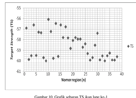 Grafik di bawah (Gambar 10) merupakan grafik sebaran nilai TS yang  diperoleh dari hasil pengolahan data ikan lape ke-1 (Lampiran 1)