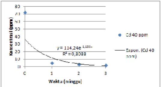 Gambar 6. Grafik penurunan konsentrasi  Cd 60 ppm dalam tanah  Gambar  diatas  menunjukkan  bahwa  penurunan  kadar  logam  dalam  tanah  paling  besar  pada  minggu  pertama