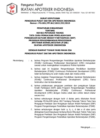 Surat Keputusan Pengurus Pusat Ikatan Apoteker Indonesia Nomor Po001ppiai1822iii2019 6935