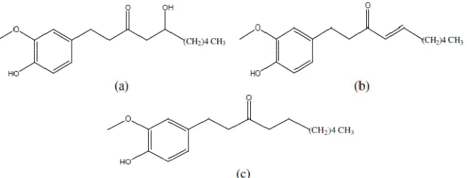 Figure 1. 2D Structure of 6-gingerol (a), 6-shogaol (b), and 6-paradol (c) 