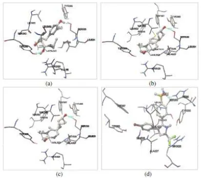 Figure 4. Docking of 6-gingerol (a), 6-shogaol (b), 6-paradol (c), and SC-58 (d) into the binding site of COX-2