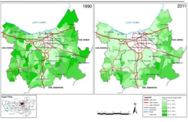 Gambar 7.Peta Proporsi Rumah Tangga Petani dengan Rumah Tangga Total Tahun 1990 dan  2011 