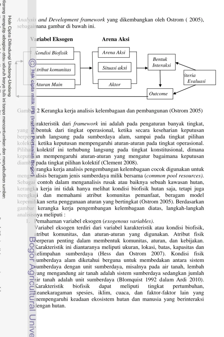 Gambar 2 Kerangka kerja analisis kelembagaan dan pembangunan (Ostrom 2005)  Karakteristik dari framework  ini adalah pada pengaturan banyak tingkat,  yang dibentuk dari tingkat operasional, ketika secara keseharian keputusan  berpengaruh langsung pada sumb