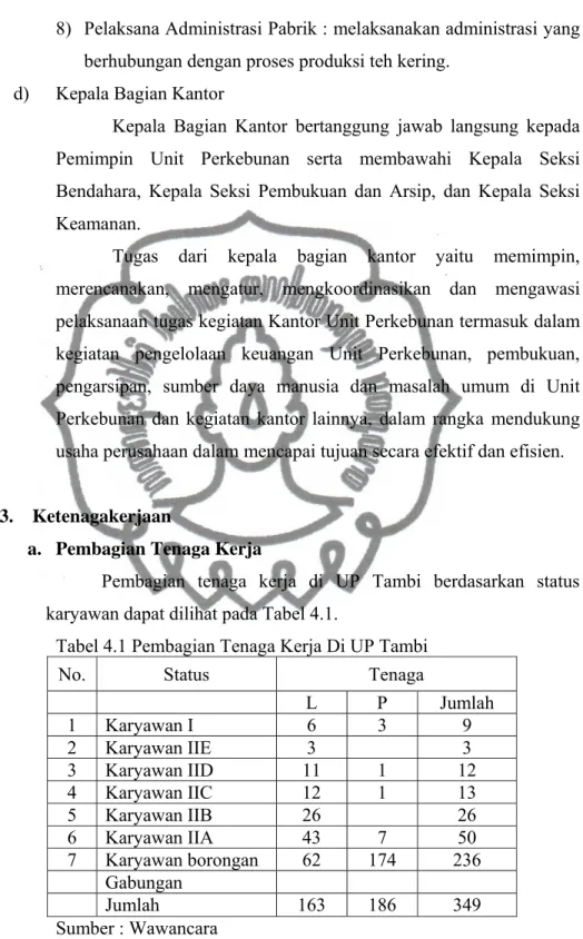 Tabel 4.1 Pembagian Tenaga Kerja Di UP Tambi  