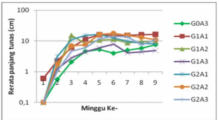 Gambar 2. Rerata peningkatan panjang tunas B. nivea dengan perlakuan GA 3  dan  variasi ketersediaan air setiap 1 minggu sekali (cm)
