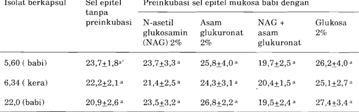 Tabel  1.  Indeks  perlekatan  Streptococcus  equi  subsp. zooepidemicus  berkapsul  pada  sel  epitel yang telah di preinkubasi dengan larutan berbagai monosakarida 