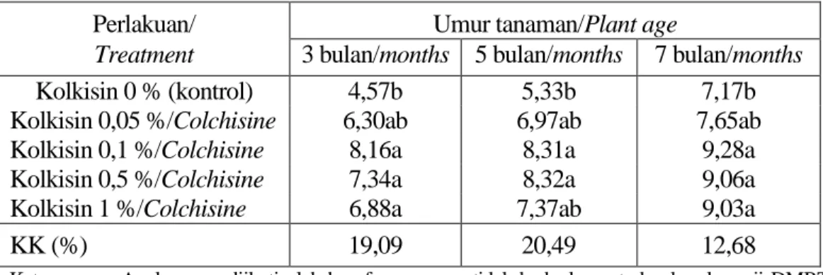 Tabel  1.  Pengaruh  kolkisin  terhadap  panjang  daun  umur  3,  5  dan  7  bulan  setelah  tanam pada tanaman generasi pertama (M1) 