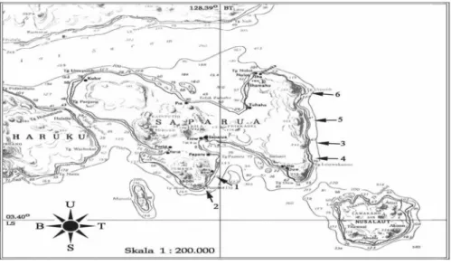 Gambar 1. Lokasi pencuplikan keong lola (Trochus niloticus) di Pulau Saparua, Kabupaten Maluku Tengah.(1)  Booi, (2) Haria, (3) Ullath, (4) Ouw, (5) Itawaka dan (6) Nolloth pada bulan September sampai November 2003