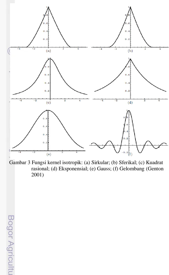 Gambar 3 Fungsi kernel isotropik: (a) Sirkular; (b) Sferikal; (c) Kuadrat  rasional; (d) Eksponensial; (e) Gauss; (f) Gelombang (Genton  2001)      