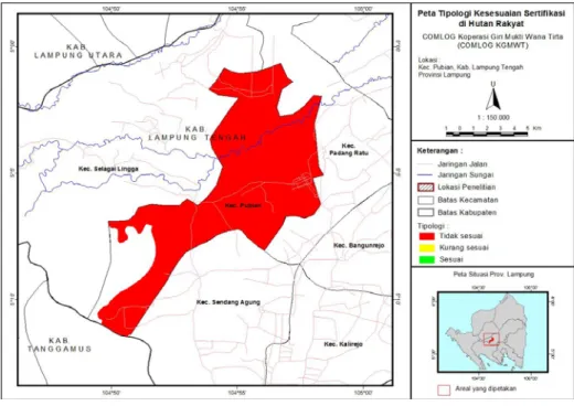 Gambar 6  Peta kesesuaian sertifikasi hutan rakyat pada lokasi unit manajemen   Koperasi Giri Mukti Wana Tirta