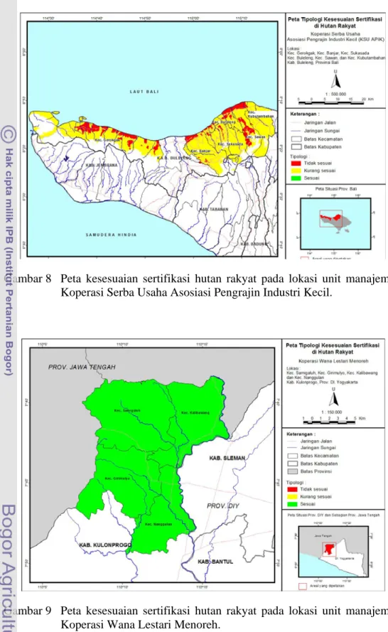 Gambar 8  Peta kesesuaian sertifikasi hutan rakyat pada lokasi unit manajemen   Koperasi Serba Usaha Asosiasi Pengrajin Industri Kecil