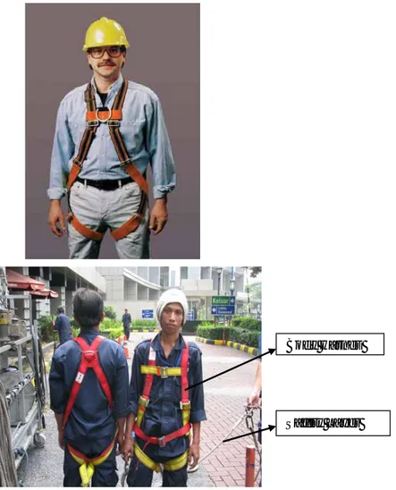 Gambar 4.1. Pemakain safety line, safety layer dan body harness Safety Layer  Body Harnes 