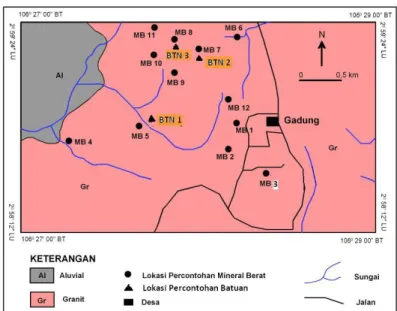 Gambar 3. Peta Geologi dan Lokasi Pengambilan Sampel Mineral Berat dan Batuan   di Desa Gadung dan sekitarnya, Toboali, Bangka Selatan  