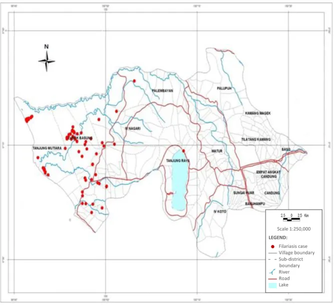 Gambar 2. Analisis spasial distribusi kasus filariasis di lima Kecamatan   Kab Agam, Prop Sumatera, Indonesia, 2010 