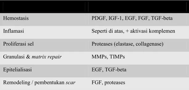 Tabel 1. Fase penyembuhan luka serta faktor pertumbuhan yang terlibat  Fase Penyembuhan Luka   Growth factors  &amp;  Sitokin  