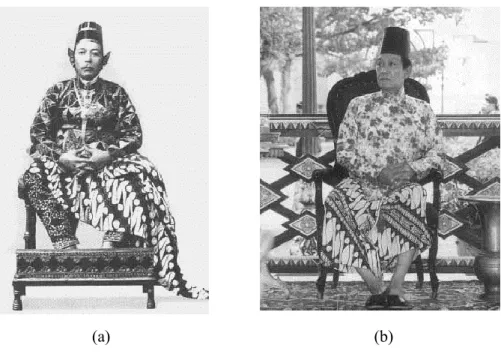Gambar 1   (a)  Busana    bagian  atas  Sultan  Hamengku  Buwono  VII-  Yogyakarta  berupa  jas  model  Barat  (royal  jacket)  yang  disebut  sebagai  Kyai  Antakusuma  untuk  penahan  bala  dengan  bawahan  batik    Parang  Rusak;  (b)  Busana yang diken