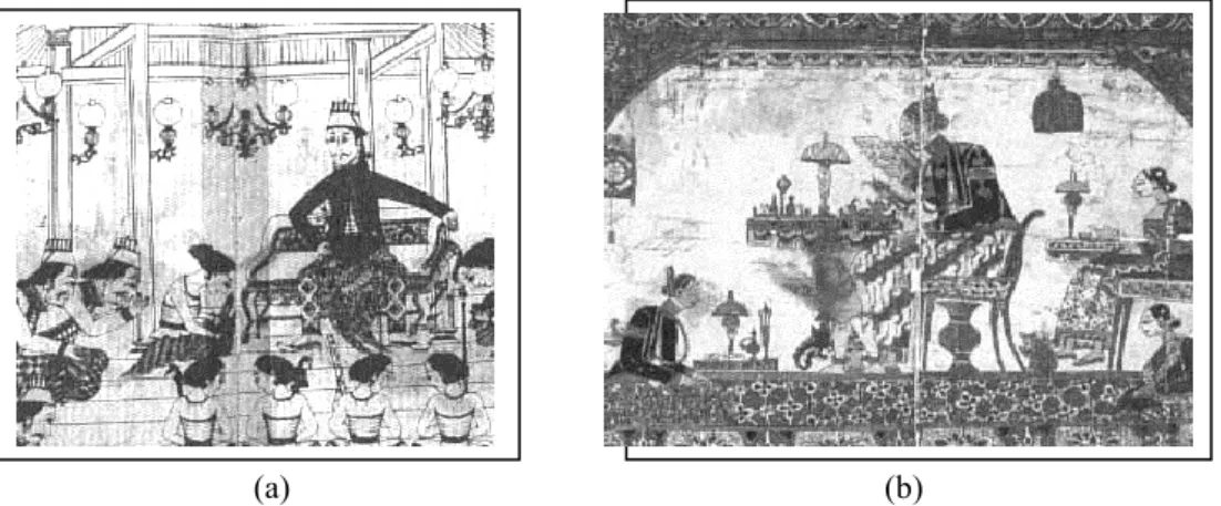Gambar 4   (a)  Ilustrasi yang menggambarkan Sri Susuhunan Pakubuwono II  (1726-1749)  sedang  duduk  di  singgasana  mengenakan  kain  batik  sedang  menerima  Adipati  Natakusuma,  Arya  Pringgalaya  dan  Tumenggung  Tirtawiguna
