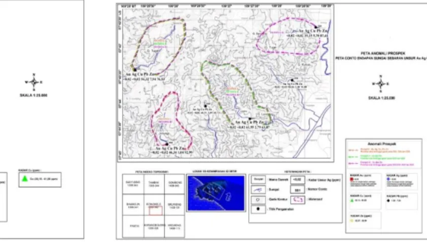 Gambar 9. Peta sebaran sungai unsur Cu                     Gambar 12. Peta Anomali Prospek Au, Ag,  Cu,  Pb dan Zn 