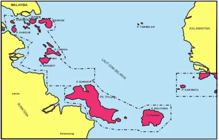 Gambar 2.  Jalur Timah Indonesia (Geology of Tin Deposit, 1979, p.287)  Stratigrafi  regional  Pulau  Bangka  menurut  Osberger  (1965)  dari  tua  ke  muda  tersusun  oleh  Kompleks  Pemali  (CpP),  Formasi  Tanjung  Genting  (Trt),  Granit  Klabat  (TrJk