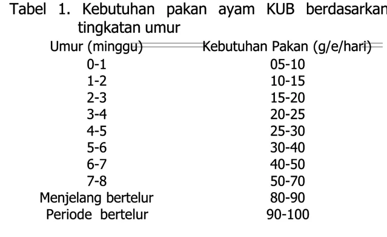 Tabel  1.  Kebutuhan  pakan  ayam  KUB  berdasarkanTabel  1.  Kebutuhan  pakan  ayam  KUB  berdasarkan