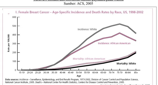Tabel 2.  1 Insiden dan mortalitas kanker payudara pada wanita Sumber: ACS, 2005