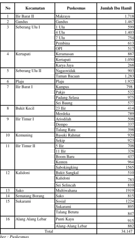 Tabel  3.5   Jumlah Ibu Hamil Berdasarkan Puskesmas di Kota Palembang Tahun 2010