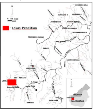 Gambar 1. Peta lokasi daerah penelitian (kotak merah)  yang  berada  di  Sektor  Lembah  Hitam,  Kalimantan  Barat