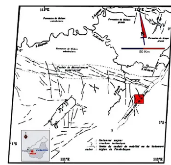 Gambar  3.  Lokasi  daerah  penelitian  (kotak  merah)  secara  tektonik  berarah  N  50 o   E  merupakan  arah  tektonik regional di daerah Kalan dan sekitarnya [4]
