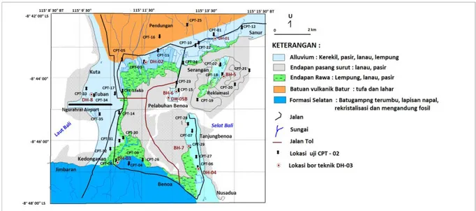 Gambar 1. Peta geologi dan lokasi bor teknik dan uji penetrasi konus di daerah Bali Selatan  (modifikasi dari Hadiwijoyo et al., 1998)