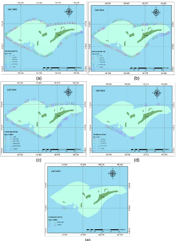 Gambar 7 Sebaran densitas (echo counting) pada tiap kedalaman. a) 2-11 m, b) 11-21 m, c) 21-31  m, d) 31-41 m, dan e) 41-45,11 m 