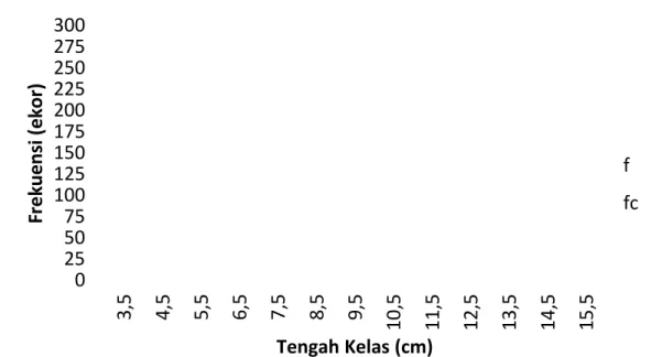 Gambar  5.  Histogram  Frekuensi  hasil  Tangkapan  Dan  Frekuensi Terhitung  Cumi-cumi  (Loligo  chinensis)  DiPerairan Kabupaten Barru .