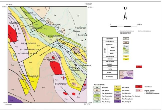 Gambar 2. Peta Geologi daerah Pegunungan Tigapuluh Bagian Timur Laut (dari: Suwarna drr., 1994 dan Simanjuntak drr.,  1991).