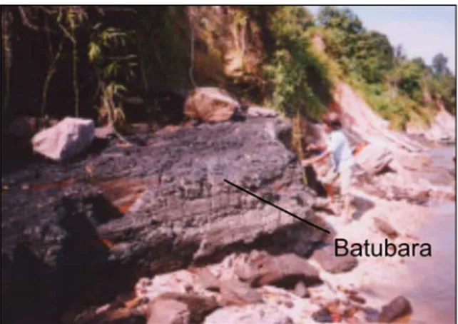 Gambar 9. Potret batubara lapisan A dengan tebal 150 cm  pada runtunan batupasir kuarsa dan batulempung di Sungai  Pemantang Kanan.