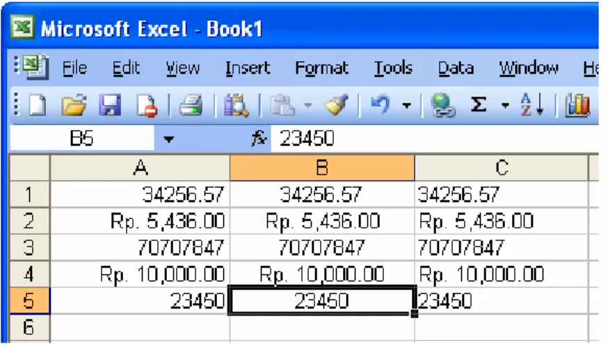 Gambar 1-1: Contoh tampilan menu pada interface Excel 2003 Pada Excel 2007 telah diubah tampilan dan struktur menunya  seperti berikut.