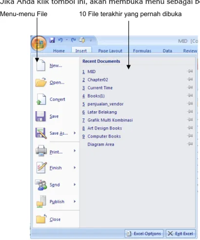 Gambar 1-3: Kotak dialog dari menu File pada tombol Microsoft Office Excel 2007