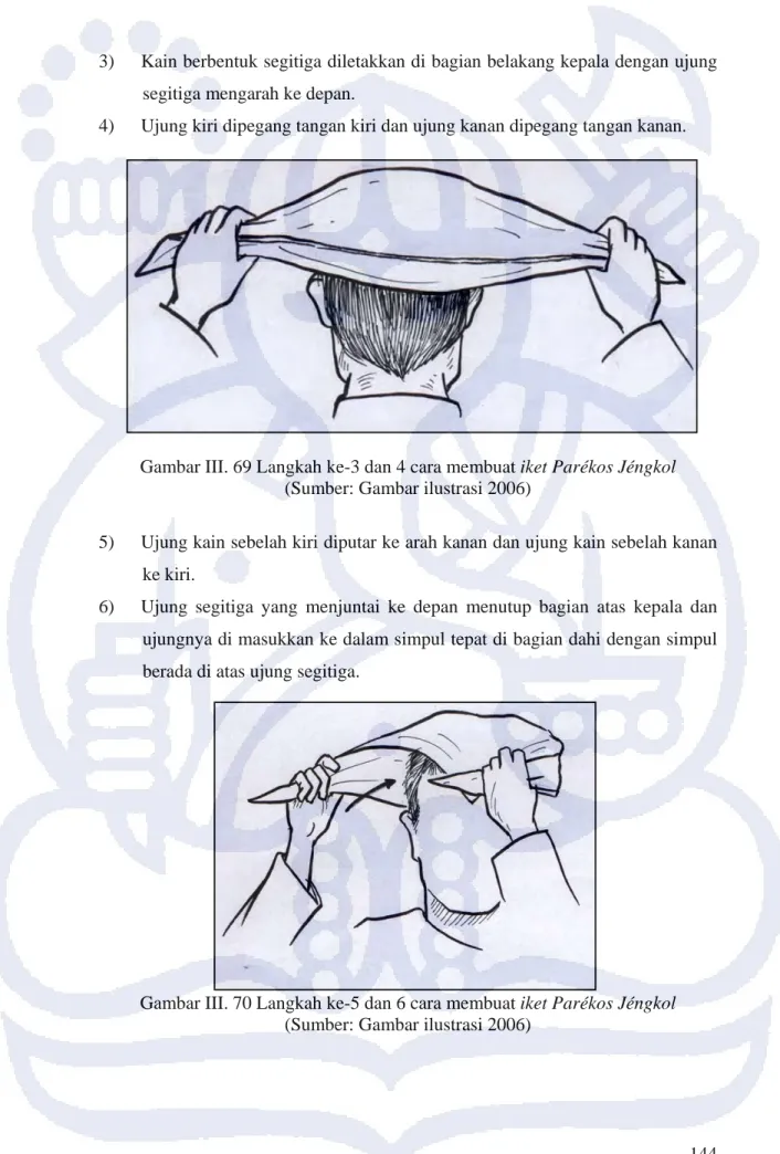 Gambar III. 69 Langkah ke-3 dan 4 cara membuat iket Parékos Jéngkol   (Sumber: Gambar ilustrasi 2006) 