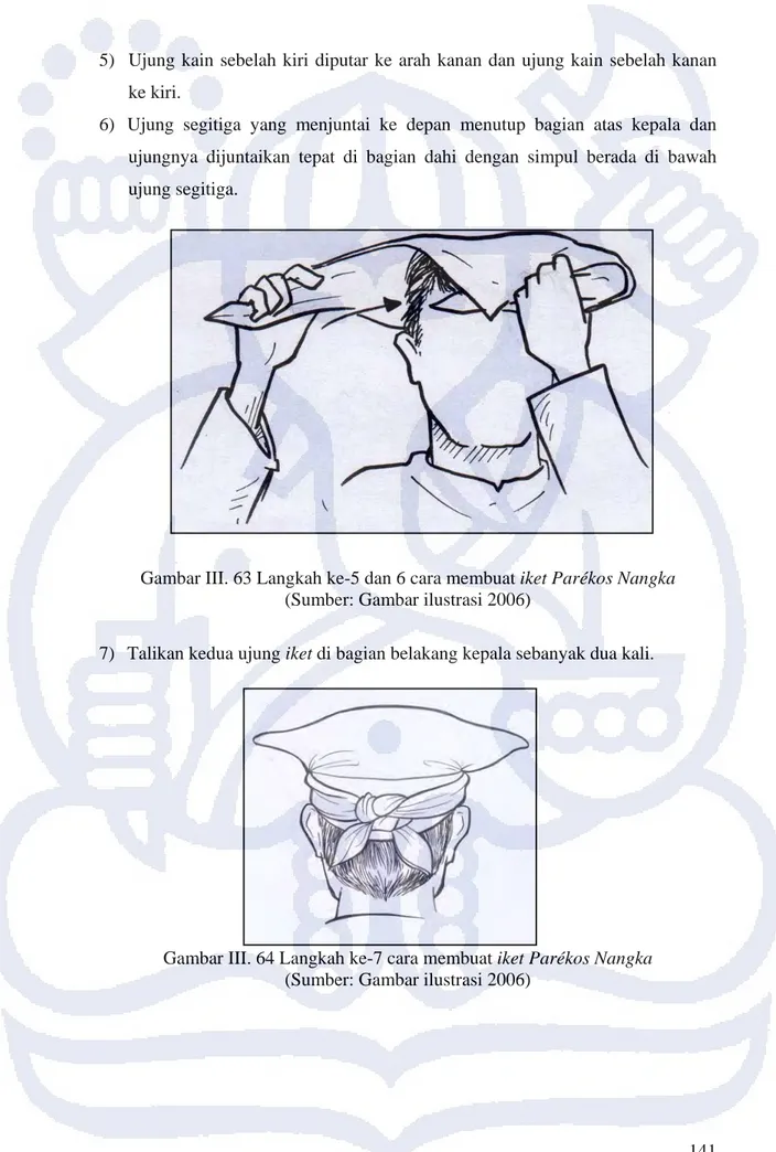 Gambar III. 63 Langkah ke-5 dan 6 cara membuat iket Parékos Nangka   (Sumber: Gambar ilustrasi 2006) 