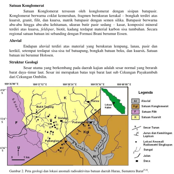 Gambar 2. Peta geologi dan lokasi anomali radioaktivitas batuan daerah Harau, Sumatera Barat [5,6] 