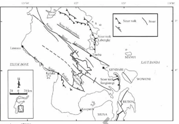 Gambar 11. Sesar utama di Lengan Tenggara Sulawesi (dikompilasi dari peta geologi Pusat Penelitian dan  Pengembangan Geologi)