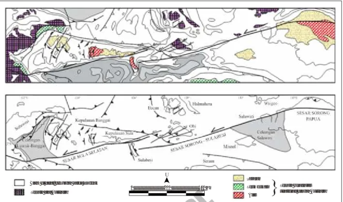 Gambar 8. Tataan tektonik Cekungan Luwuk-Banggai (Cekungan Tomori), Cekungan Salawati dan Sesar Sorong, dengan interval  batimetri 1000 meter.