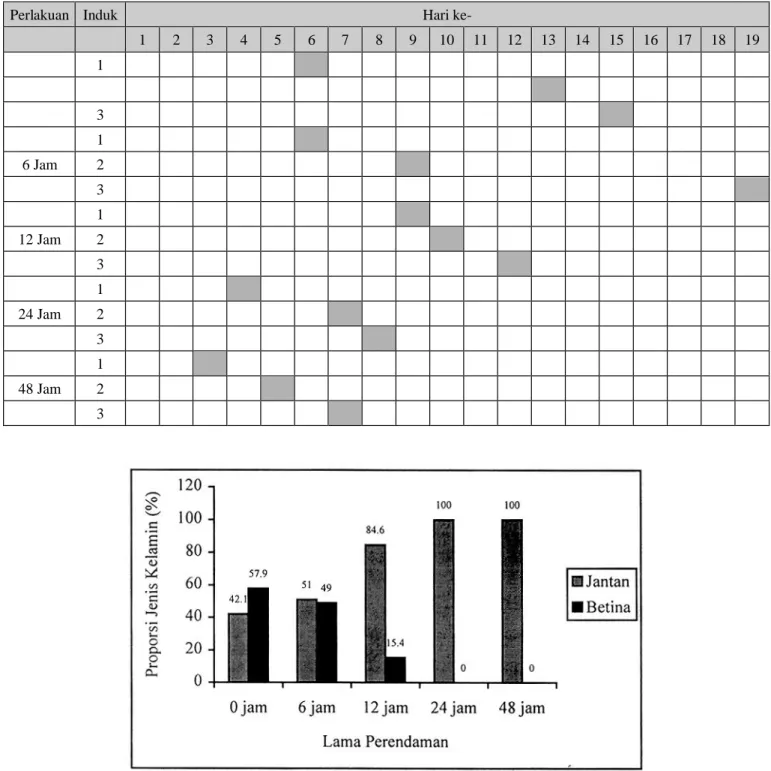 Tabel  1.  Selang  waktu  antara  pemberian  hormon  17-metiltestosteron  dengan  kelahiran  anak  ikan  gapi,  Paecilia  reticulata Peters